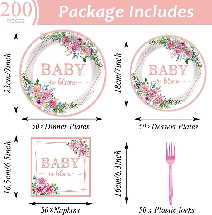 gisgfim 50 Guests Baby in Bloom Party Supplies Baby In Bloom Floral Plates and Napkins Plastic Forks Girl Floral Tableware Pink Flower Paper Plates for Birthday Party 200PCS