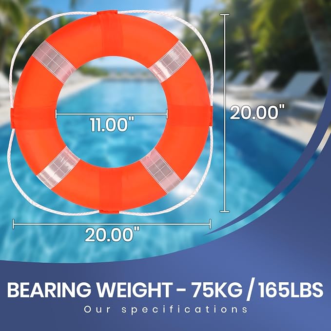 Calvana 20" Foam Life Preserver Ring with 98.4ft Floating Lifesaving Rope, Throwable Flotation Device, Pool Safety Float, for Buoy and Swimming Decoration, Boat Safety Equipment