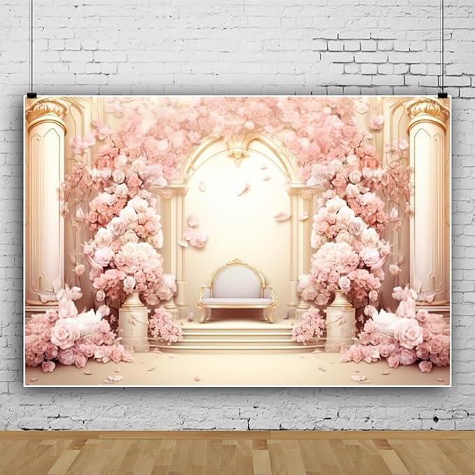 6x4ft Pink Floral Wall Backdrop Girls Rose Bridal Shower Palace Wedding Anniversary Flowers Baby Shower Party Decorations Photography Background Photo Shoot Props