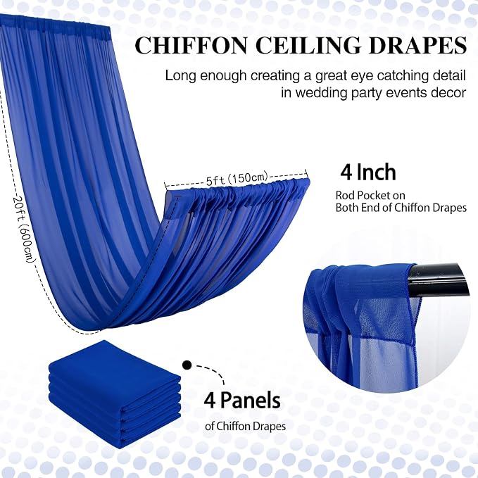 DUOBAO Royal Blue 5x20ft Chiffon Drapes 4pc Elegant Sheer Wedding Backdrop Curtains Chiffon Ceiling Drapes for Tent, Banquet Hall, and Photography