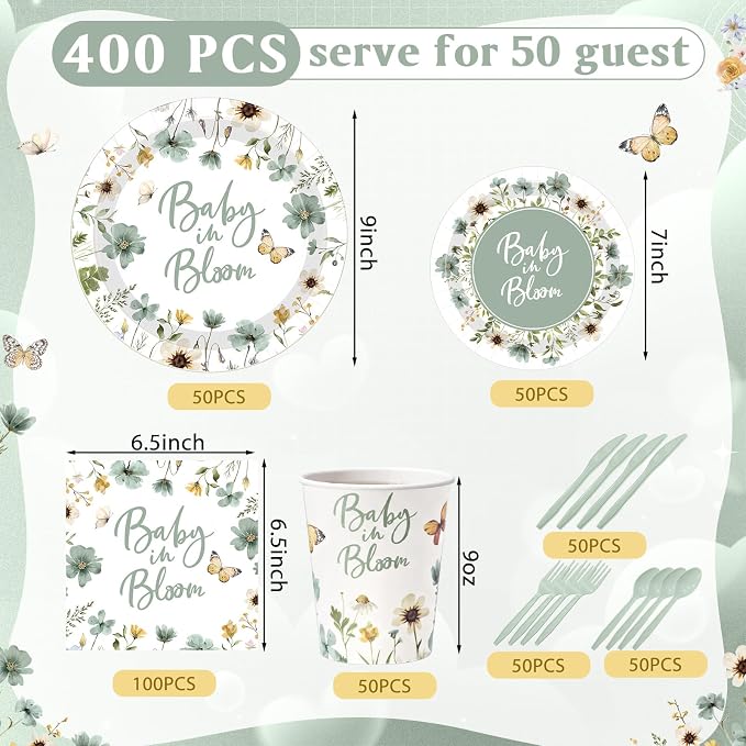 Funnymoom 400 Pcs Baby in Bloom Party Supplies for 50 Guests Green Floral Baby Shower Paper Plates and Napkins Knives Spoon Fork Cup Disposable Wildflower Dinner Party for Spring Greenery Favor