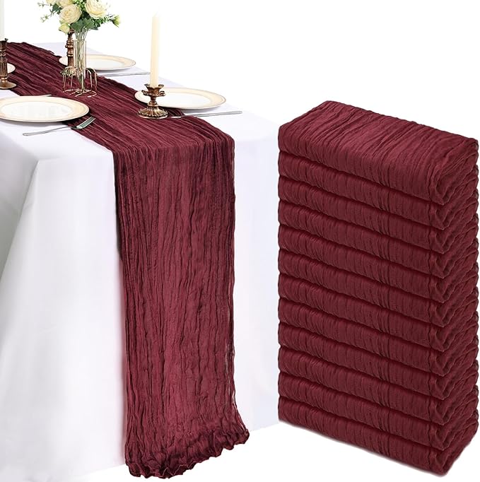 12 Pack 10FT Burgundy Cheesecloth Table Runner 120 Inch Long Gauze Rustic Boho Spring Cheese Cloth Table Runner Sheer Fabric Decorations for Holiday Party Wedding Banquet Bridal Baby Shower Décor