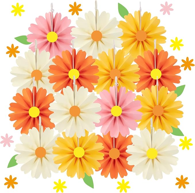 SUNBEAUTY 15Pcs Daisy Paper Fans Party Decorations for Wall, Reusable Pink and Orange Paper FlowersSpring Summer Mini Fan Hanging Paper Floral Decor for Girls Women Birthday Party Backdrop - 6inch