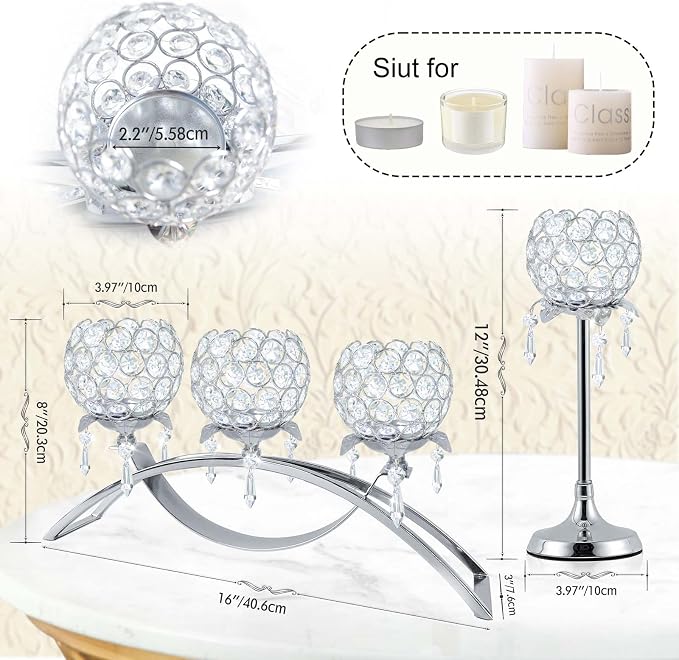Set of 3 Silver Crystal Tea Light Candlestick Holders Flower Shape with Crystal Pendant Bowl Votive Metal Candle Holder for Table Centerpieces Wedding Home Decor