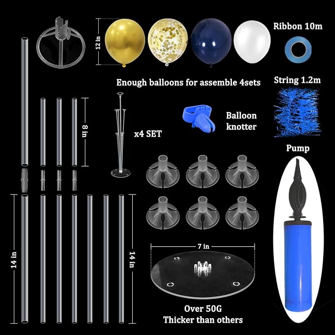 ZJDHPTY 4 Set Blue and Gold Balloon Stand Table Centerpieces Party Decor | Graduation Decorations,70th 60th 50th Birthday Retirement Decor,Prom Anniversary Wedding New Years Eve Party Supplies