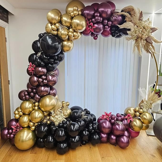 Double Stuffed Burgundy Gold Black Balloon Arch Kit, Maroon Nude Balloon Garland Kit Dark Red Apricot Garnet Wine Red Latex Balloons for Graduation Birthday Anniversary Wedding Party Decorations