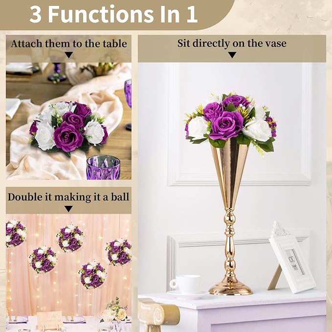 NUPTIO Flower Balls Centerpieces for Tables: Purple White Fake Roses | 10 Pcs 9.5 inch, Artificial Flower Arrangements for Wedding, Birthday Party, Bridal Shower, Quinceanera Decorations