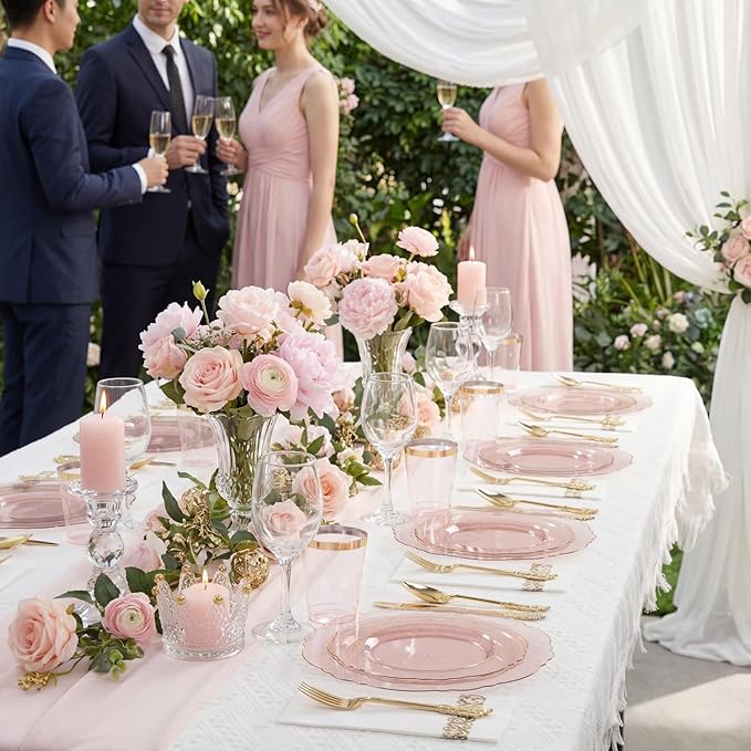 KIRE 210Pcs Clear Pink Plastic Plates with Gold Rim - Disposable Pink Plates for Party - 30 for Dinner 30 for Dessert 90 Silverware 30 Napkins 30Cups for Upscale Wedding/Party/Baby Shower/Mother's Day