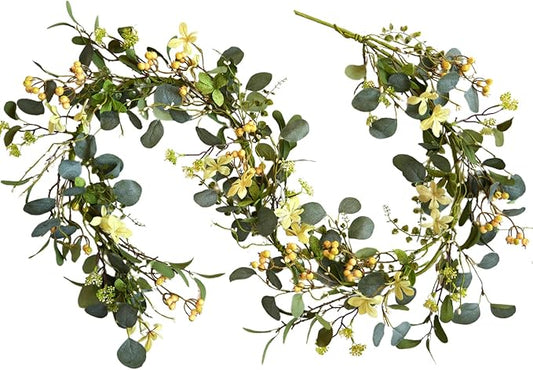 Bibelot 6FT Artificial Eucalyptus Garland, Spring Greenery Garland with Berries and Wildflowers for Home Table Mantle Wedding Festival Indoor Outdoor Decor