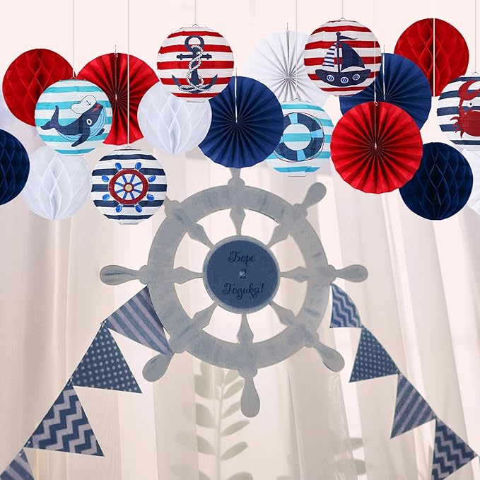 Retisee 18 Pcs Nautical Party Decoration Anchor Ship Wheel Hanging Paper Lantern Honeycomb Fans Honeycomb Ball for Boat Cruise Party Ceiling Decor Supplies