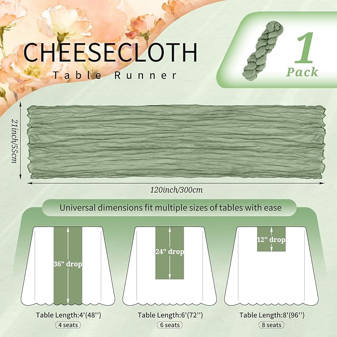 1 Pack Cheesecloth Table Runner 10FT Sage Green Table Runner Boho Gauze Cheese Cloth Table Runners Long Rustic Sheer Table Decorations for Wedding Party Baby Bridal Shower Birthday Holiday Home