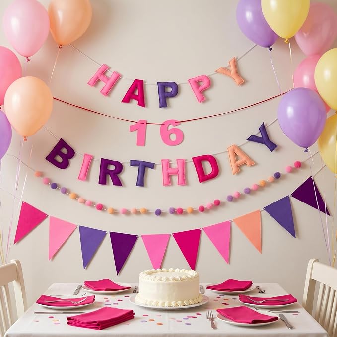 Pre-Strung Felt Happy Birthday Banner Decorations for Women Men | 3D Pink Birthday Party Decorations Sign with Replaceable Numbers 0-9,Multicolor Felt Ball & Triangle Flags Garland (Pink)