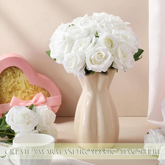 Hotop 20 Pcs Artificial Rose Flowers with Long Stem, Real Lifelike Silk Realistic Plastic Bouquet Roses Bulk for Home Decor Bridal Wedding Party Table Centerpieces Decorations(Pure White)