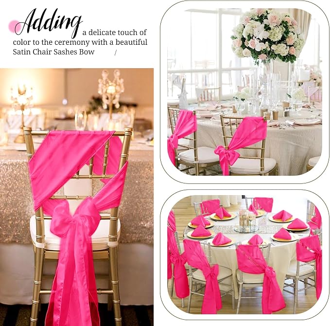 Pesonlook 60 PCS Hot Pink Satin Chair Sashes Bows Satin Chair Sashes Universal Chair Cover for Wedding Reception Restaurant Event Decoration Banquet,Party,Hotel Event Decorations (7 x 108 inch)