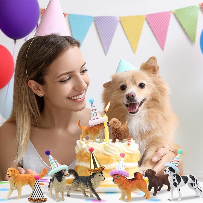 Colingmill 18 Pcs Dog Birthday Party Decorations Mini Birthday Hat Animal Figure Model Cake Toppers with Mini Hat for Birthday Party, Animals Themed Party