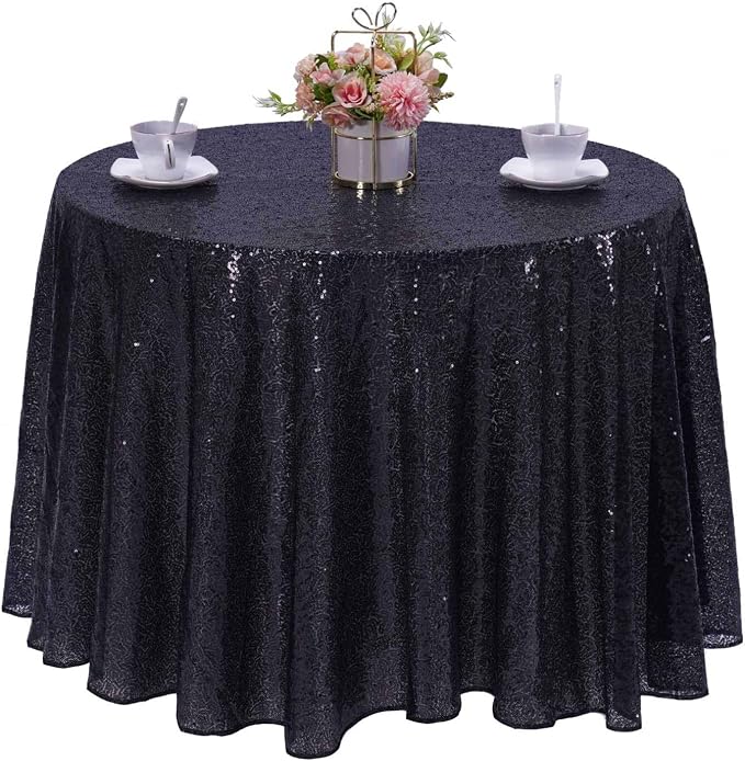 132 Inch Round Black Sequin Tablecloth, Metallic Large Glitter Sparkle Table Cloth for Dining Banquet Table, Sequin Table Linen for Wedding Graduation Party Decorations