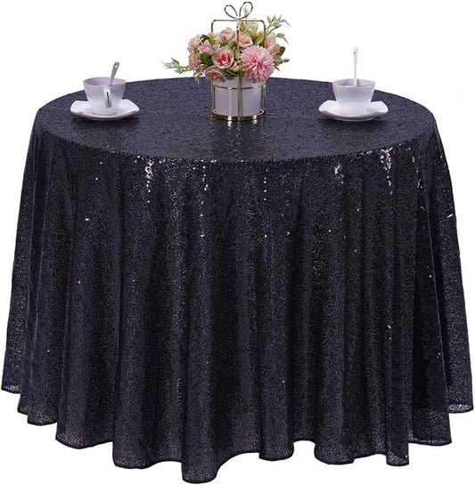 132 Inch Round Black Sequin Tablecloth, Metallic Large Glitter Sparkle Table Cloth for Dining Banquet Table, Sequin Table Linen for Wedding Graduation Party Decorations