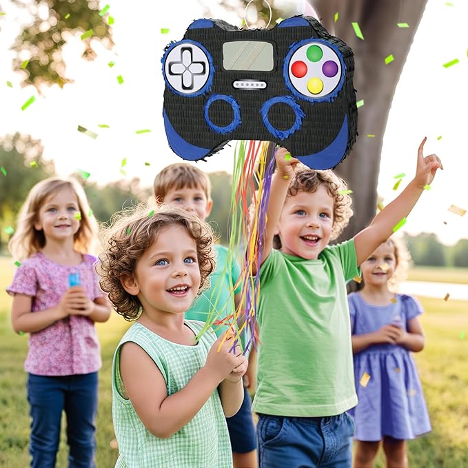 WERNNSAI Video Game Piñata - Game Controller Piñata Bundle with Blindfold and Bat for Boys Kids Piñata Gaming Theme Party Decoration Supplies Pull String Piñata for Birthday Party Celebration Blue