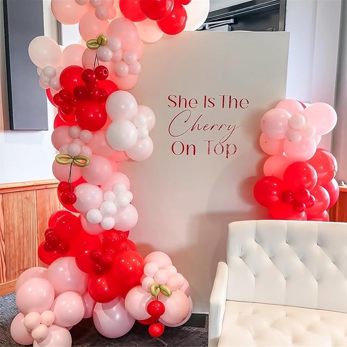 Cherry Balloon Garland Arch Kit, 115pcs Red and Pastel Pink White Metallic Gold Long Latex Balloons for Birthday Baby Shower Wedding Valentines Day Anniversary Cherry on Top Party Decorations