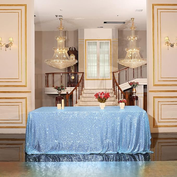 Eternal Beauty Baby Blue Tablecloth, 90x132 Inch Sequin Rectangle Table Cover for Cake Dessert Exhibition Party Birthday Events