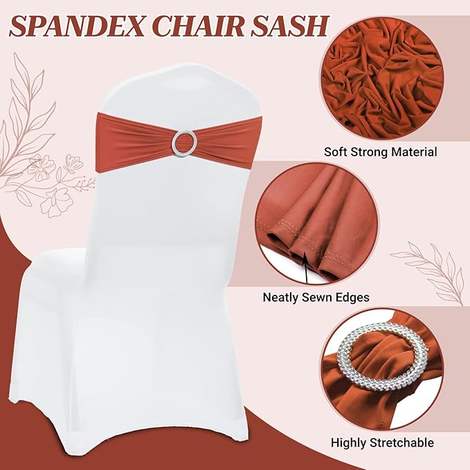 MDS Pack of 250 Spandex Chair Sashes Bows Universal fits Elastic Stretch Chair Bands Ties with Buckle Slider Bow for Wedding Decoration Spandex Slider Sashes Bow - Terracotta
