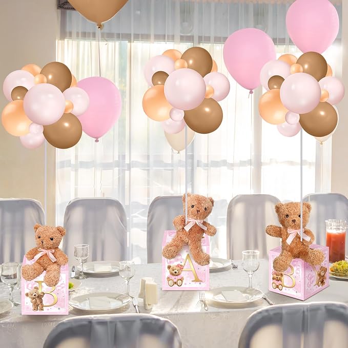 Lenwen 3 Sets Jungle Animal Decoration for Baby Shower Letter Boxes Baby Shower Table Centerpiece Stuffed Animals Balloon with Stand Plush Boxes for Party(Pastel,Bear)