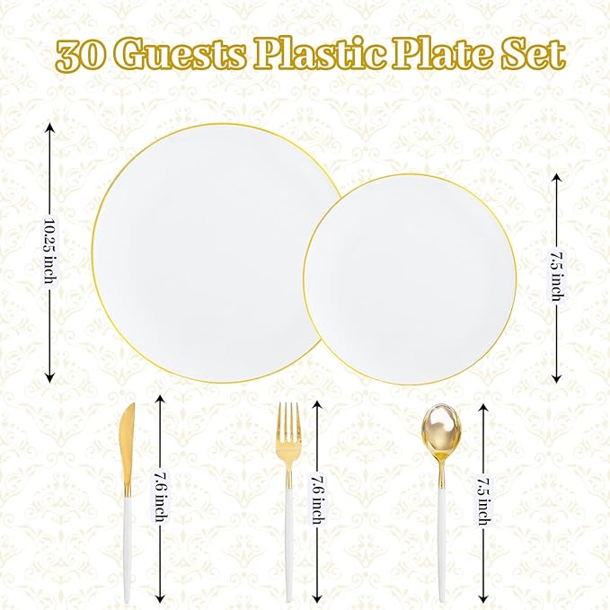 DaYammi 150Pcs Gold Plastic Plates with Disposable Silverware,White Gold Disposable Dinnerware Set - 30 Dinner Plate,30 Dessert Plate,90 Gold Cutlery with White Handles,Fancy Plates for Party Wedding