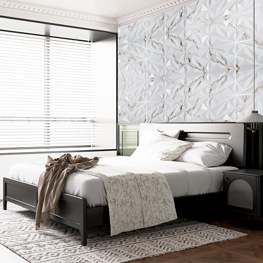 Art3dwallpanels 33 Pack 3D Wall Panel Diamond for Interior Wall Décor, PVC Textured Wall Panels, 12''x12'' Cover 32.Sq.Ft. Gold Veined White