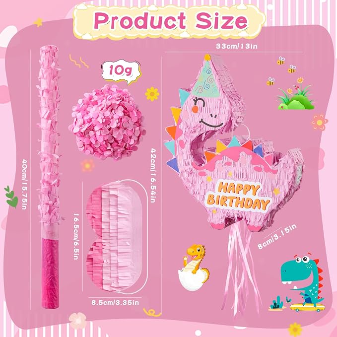 VinTS Pink Dinosaur Piñata Kids Dino Piñata with Blindfold Bat for Dinosaur Themed Party Game Girls Birthday Party School Activitives Dinosaur Birthday Decor(16.5x13x3.15in)