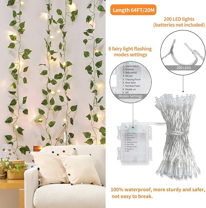 CEWOR 24 Pack 173ft Fake Ivy Vines, Artificial Ivy Garland with 200 LED String Lights, Hanging Plants Greenery Backdrop Green Leaves for Bedroom Room Wall Decor Wedding Party Table Decoration