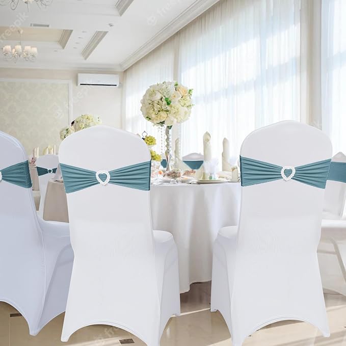 Howhic Pack of 30 Spandex Chair Sashes Bows Stretch Chair Cover Band with Buckle Slider Universal Elastic Chair Ties for Wedding Banquet Party Event Decoration (Dusty Blue)