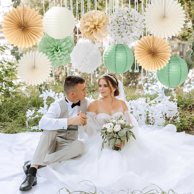 Sage-Green White Bridal-Shower Bachelorette Party-Decorations - 22pcs Gold Bride To Be Banner, Paper Lanterns Streamers, Tissue Pom Poms Flowers Fans Wedding Camp Theme Decor Backdrop Hugmoon