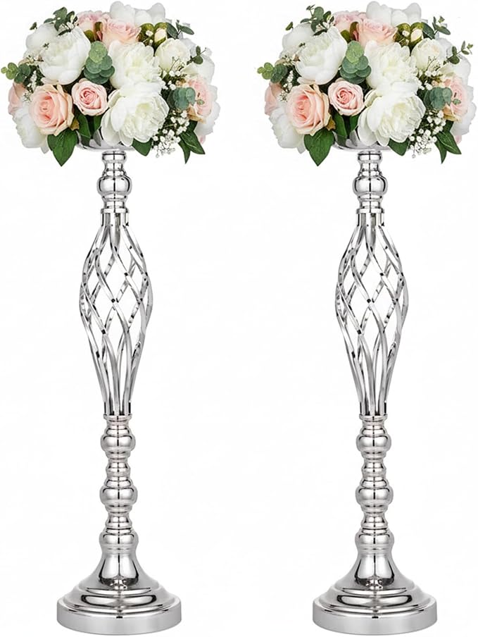 Silver Wedding Vases for Table Centerpieces - 2pcs of Twist Candleholder Stands, Elegant Floral Arrangement Vases, Metal Centerpieces for Reception Table Wedding Road-Leading Home Decor