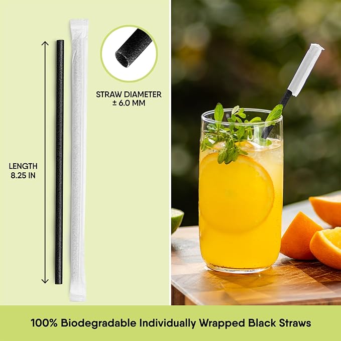 The Veggie Straws – 300 PCS of 8.25 Inches Individually Wrapped Black Biodegradable Straws – Made of Vegetable Fibers, Best Environment Friendly Drinking Straws for Hot and Cold Beverages
