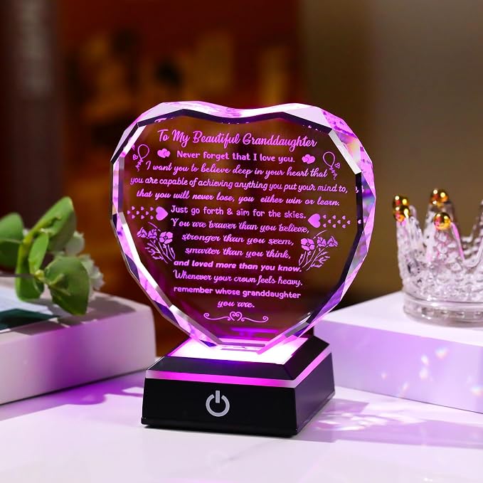 Arikyrist Birthday Gifts for Granddaughter Crystal Heart Plaque with LED Base Granddaughter Gifts from Grandma Graduation Wedding Christmas Presents for My Granddaughters