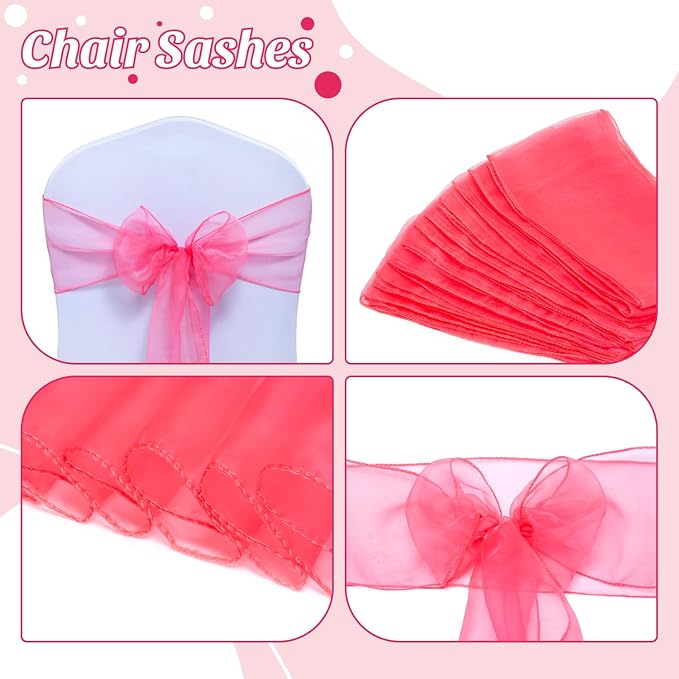 MDS® Pack of 25 Organza Chair Sashes for Wedding Decoration, Reusable Sheer Chair Bows for Banquet Chair Cover, Reception, Bridal Shower, Baby Shower, Birthday Party & Special Events - Coral