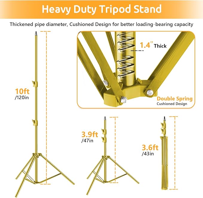 HYJ-INC Photo Video Studio Backdrop Stand- Titanium Gold, 12(W) x 10(H) ft Heavy Duty Adjustable Photography Muslin Background Support System Kit with Carry Bag,4 Spring Clamps