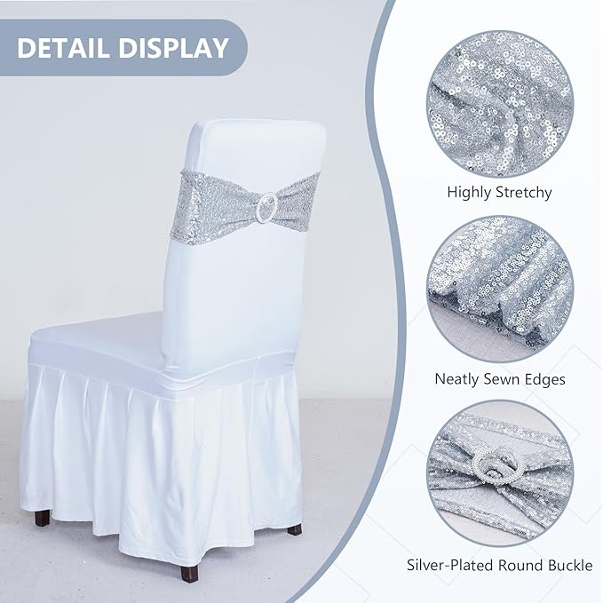 SquarePie Pack of 10 Sequin Chair Sashes Bands Glitter Silver Double-Sided Sequins Stretch Chair Cover Bows with Buckle Slider for Wedding Party Fiesta Banquet Decor