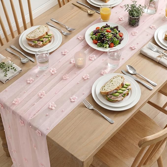 Artoid Mode Pink Flower Pearl Pink Gauze Table Runner 10FT 3PC, Seasonal Sheer Dining Holiday Wedding Birthday Baby Shower Table Decor for Home Party