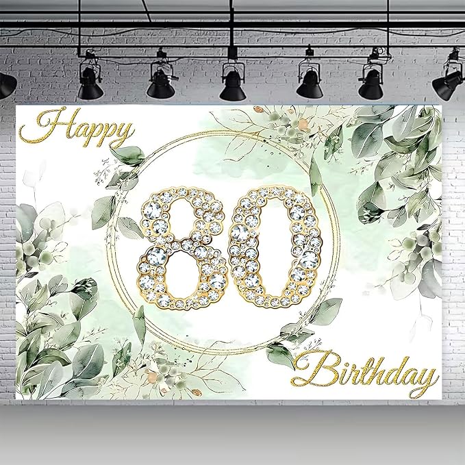 Greenery Eucalyptus Leaves 80th Birthday Backdrop Sage Green Succulent Birthday Decorations Gold Diamond Design Adult Women Men 80th Anniversary Birthday Wedding Banner (D, 7X5FT)