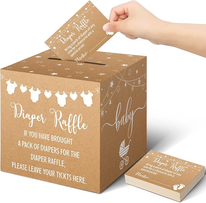 Teling 51 Pieces Diaper Raffle Tickets with Card Box Baby Shower Decorations Baby Shower Holder Box for Girl Boy Diaper Raffle Party(Kraft Paper Style)