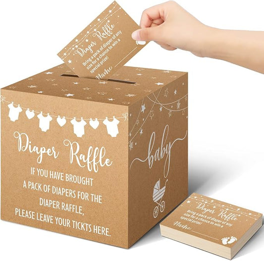 Teling 51 Pieces Diaper Raffle Tickets with Card Box Baby Shower Decorations Baby Shower Holder Box for Girl Boy Diaper Raffle Party(Kraft Paper Style)