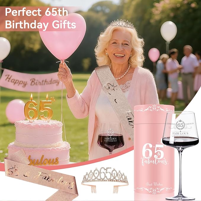 65TH Birthday Gifts for Women,Vintage Engraved 65th Wine Glass,65 Year Old Birthday Decorations For Her,65&Fabulous Sash and Tiara For Women,Friends,Sister-Turning 65th Party Favor Supplies