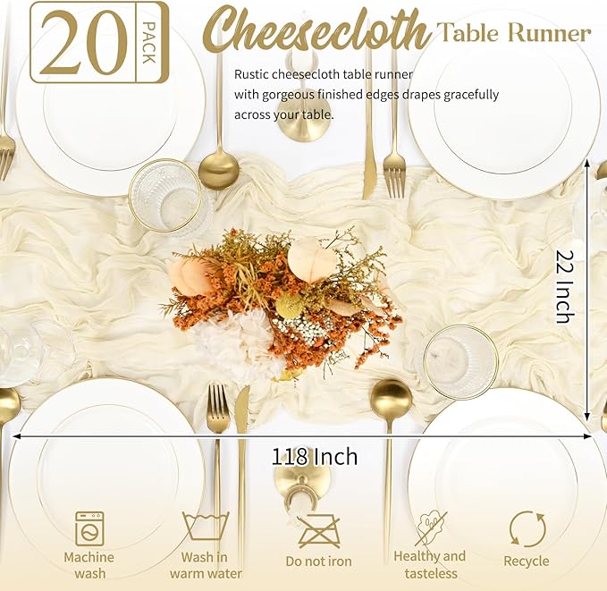 20 Pack Ivory Table Runner 10FT Long Cheesecloth Table Runner Cheese Cloth Gauze for Wedding Party Birthday Decoration-Ivory