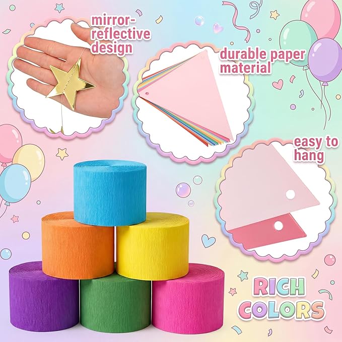 Frienda 14 Pcs Rainbow Party Decorations Set 492 ft Colorful Crepe Paper Streamers, 52.8ft Gold Star Garlands Backdrop and 4 Pennant Banner Flags for Wedding Birthday Fancy Party Hanging Decorations