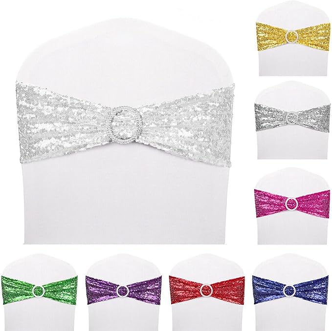 Dimatic 10 PCS Stretch Sequin Chair Sashes Chair Stretchy Spandex Bands for Wedding Reception Events Banquets Chairs Decoration (White)