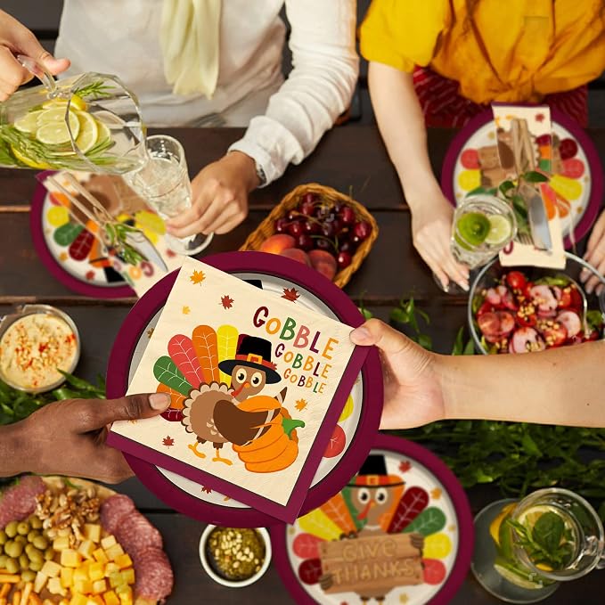 Turkey Thanksgiving Party Supplies Kit, Autumn Disposable Dinnerware Includes, Paper Dinner Plates, Dessert Plates, Luncheon Napkins and Beverage Napkins, for Fall party Decorations, Serve 50