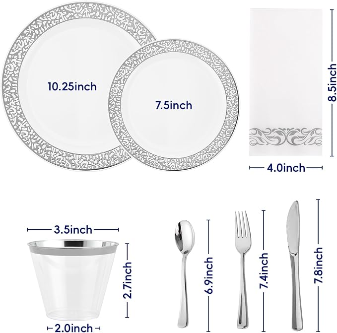 𝟐𝟏𝟎 Count Silver Plastic Dinnerware, Silver Disposable Plates, Includes 30 Dinner & 30 Dessert Plates & 30 Cups & 30 Paper Napkins & 30 Plastic Silverware Set