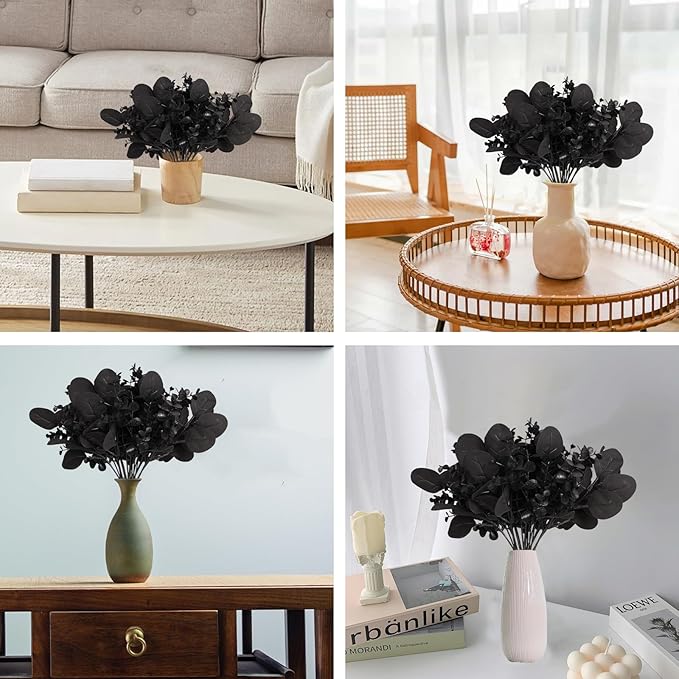 ZeKonan 40 Pcs Artificial Black Eucalyptus Stems, Fake Eucalyptus Leaves Branches Bouquet for Flower Arrangement DIY, Black Silk Flowers for Home Halloween Farmhouse Decor