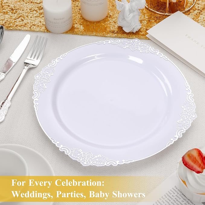 Goodluck 100PCS White and Silver Plastic Plates – 10.25” Heavy Duty Disposable Dinner Plates & Party Plates for Weddings, Parties, Events – Elegant, Sturdy